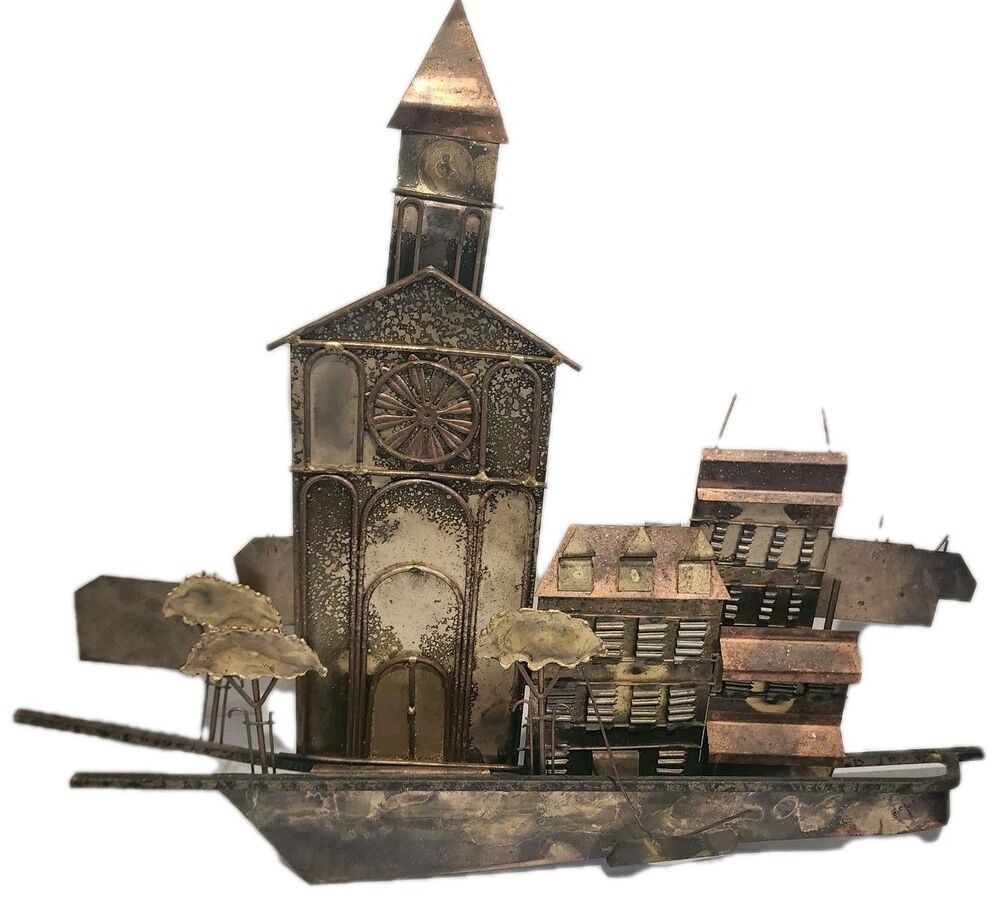 Curtis Jere Signed Village Town Brass Wall Art Sculpture Vintage Brutalist MCM